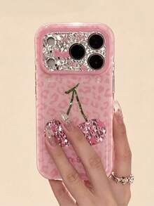 Autumn Pink Leopard Print Diamond Cherry Phone Case, Pink Glitter Large Window Lens Frame Shockproof Protective Phone Cover Compatible With Apple IPhone18 17 16 15 14 13 12 11 Pro Max - Multicolor - View 3