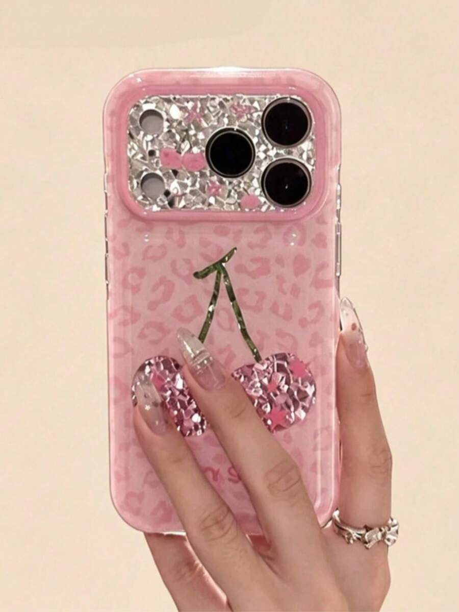 Autumn Pink Leopard Print Diamond Cherry Phone Case, Pink Glitter Large Window Lens Frame Shockproof Protective Phone Cover Compatible With Apple IPhone18 17 16 15 14 13 12 11 Pro Max - Multicolor - View 1