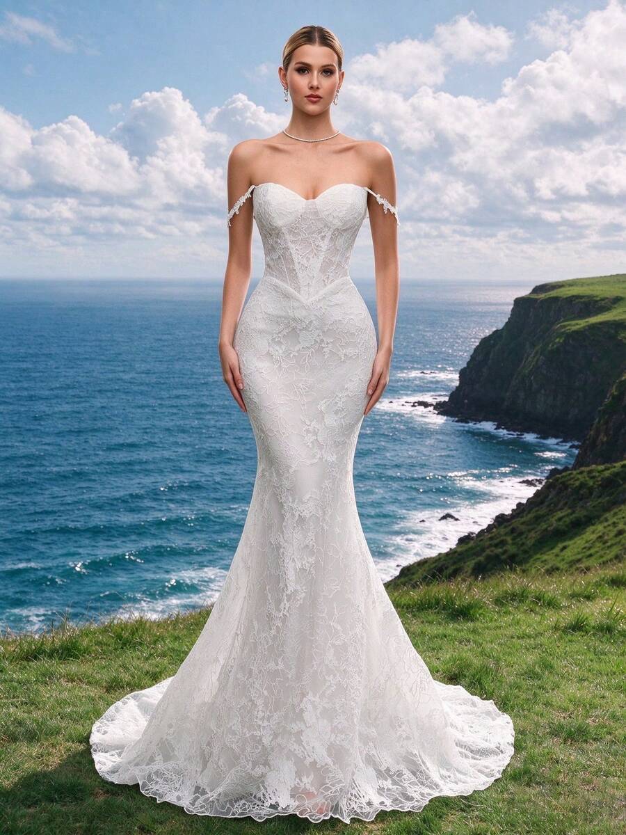 性感優雅人造珍珠亮片透視蕾絲魚尾露背婚紗 春季白色秋季