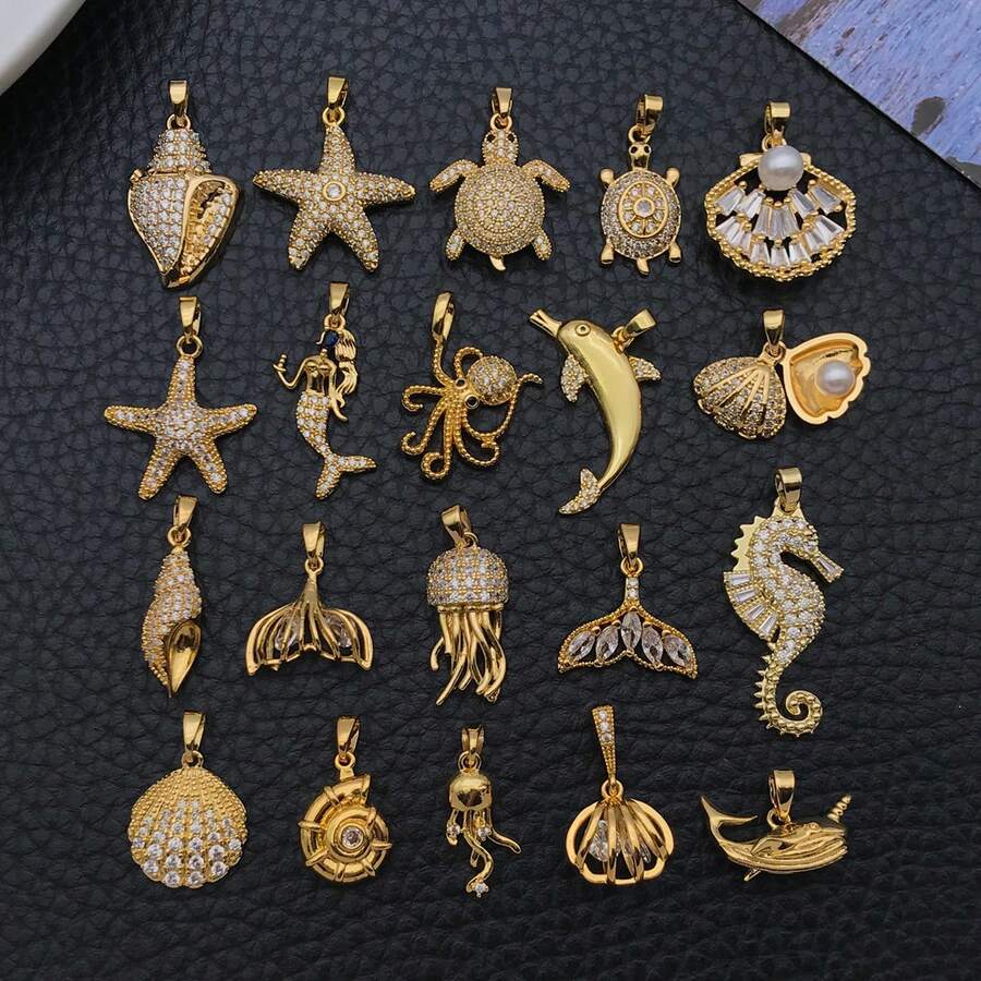 1pc 18K Gold Plated Marine Life Charms Mermaid Starfish Turtle Dolphin Shell Brass Pendants For DIY Handmade Jewelry Making Accessories