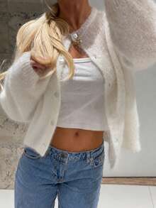 Women's Casual Elegant Long Sleeve Front Button-Up Hem Loose Soft Fluffy Mohair Knit Cardigan Reversible Daily Autumn Jacket - White - View 2