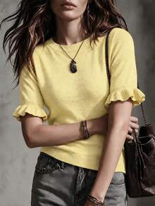 Women's Casual Yellow Round Neck Ruffle Short Sleeve Loose Fit T-Shirt, Spring/Summer Style, Suitable For Dating And Daily Wear - Yellow - View 4