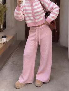 Women's Autumn/Winter Ribbed Knit Pink Wide Leg Pants, Drawstring Waist Design Loose Fit Long Pants, Fashionable Casual Comfortable Wear - Pink - View 5