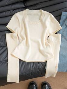Women's Detachable Sleeve Knit Cropped Top, Round Neck, Side Single-Row Button Ribbed Sleeve, Slim Fit Long Sleeve, 2-In-1 Knit Sweater - Apricot - View 6
