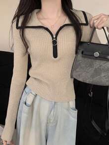 Women's Contrast Color Half-Zip Collar Sweater, Slim Fit Knit Top, Autumn/Winter - Apricot - View 5