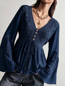 Rusttydustty Women's Bohemian Style Lace Patchwork Flare Sleeve Waist Tie Navy Blue Top, Suitable For Autumn, Halloween - Navy Blue - View 2