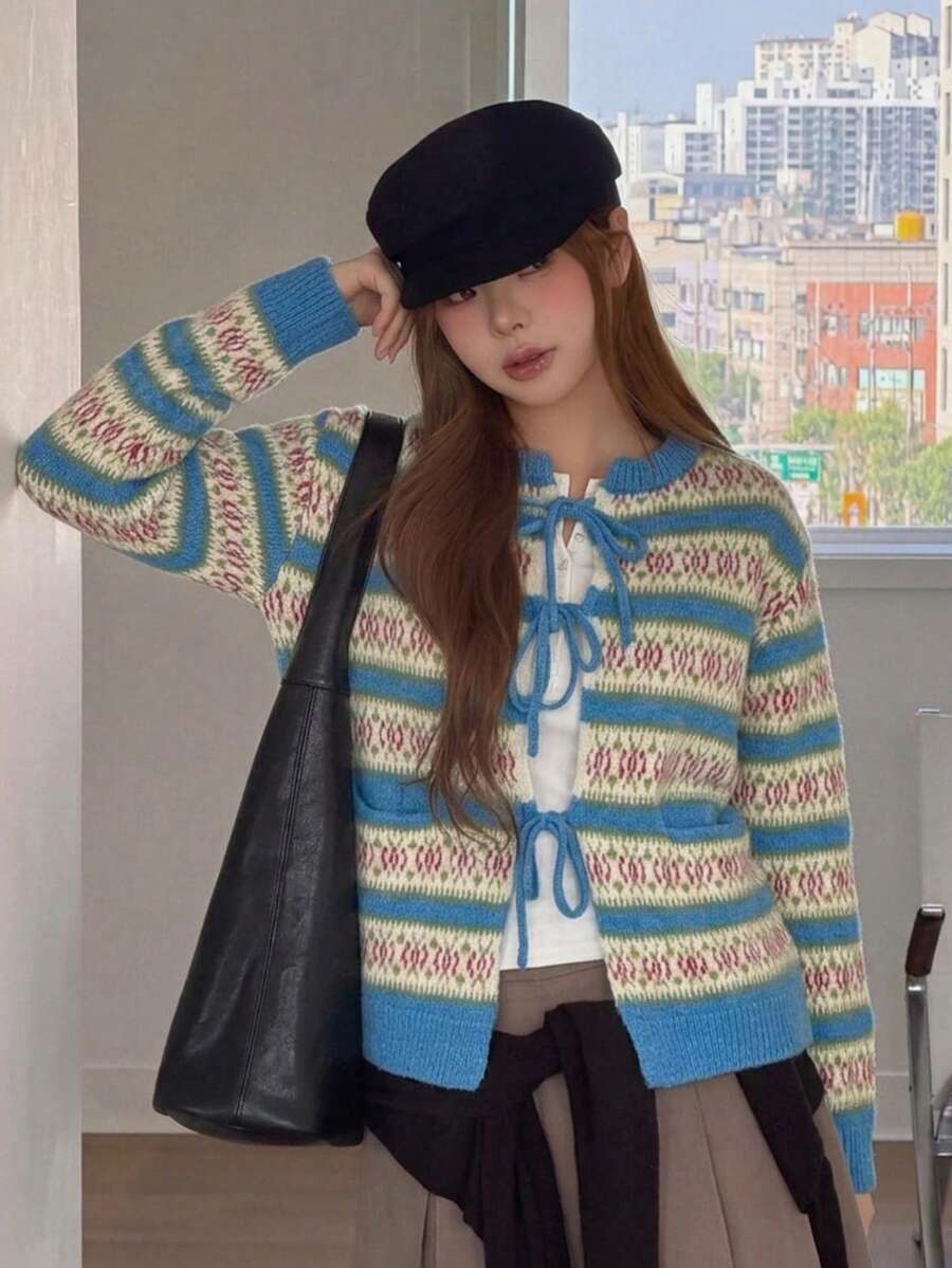Patterned Tie Front Sweater Cardigan, Crew Neck, Long Sleeves, Front Pockets, Soft Knit, Blue, Cream And Pink, Vintage Fall Layering Style - Multicolor - View 1