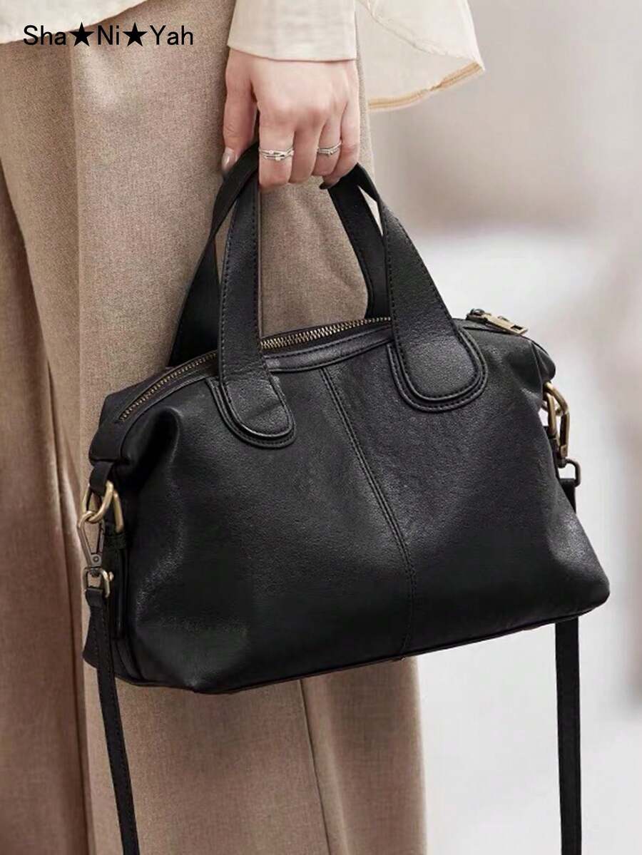 Large Capacity Commuter Fashion Vintage Black PU Boston Bag 2026 New Style Textured Casual Handbag Shoulder Crossbody Bag For Women - Black - View 1