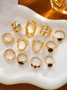 Set 12 buah cincin batu imitasi mata harimau berbentuk oval geometris bergaya vintage, cocok untuk pemakaian sehari-hari wanita, pesta, aksesori musim gugur/musim dingin, kencan, ulang tahun, dan hadiah liburan. - Yellow Gold - View 5