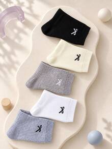 3-5 Pairs Women's Bow Embroidery Ribbed Mid-Calf Socks, Solid Color Soft Knitted Mid-Calf Socks, Cute Preppy Style Casual Everyday Socks - Multicolor - View 1
