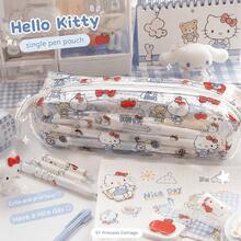Hasbro Hello Kitty 印花拉鍊筆袋，可愛卡通貓熊蘋果圖案筆袋，透明內裡順滑拉鍊，大容量圓筒筆袋可收納筆、橡皮擦、尺，便攜收納袋，理想禮物 - A - 查看 5