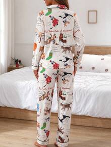 2pcs/Set Women's Christmas Long Sleeve Pajama Set, Christmas Cat Gift Pattern, 2-Piece Set, Lapel Collar Button Long Sleeve, Loose Elastic Waist Pants, Suitable For All Seasons, Home Wear, Outdoor Wear, Comfortable And Loose, New Full Print Pattern - Apricot - View 8