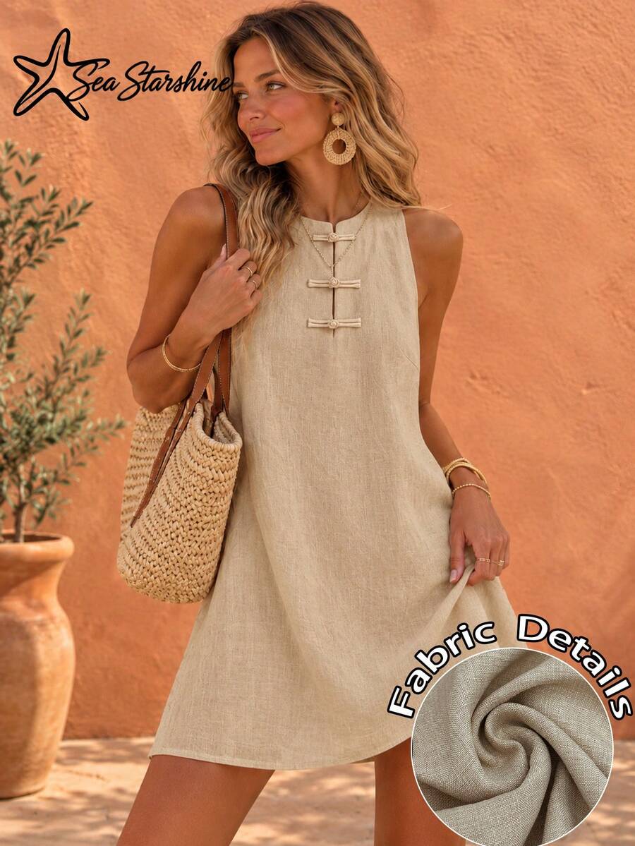 Starfish Shine New "X" Shape Sleeveless Dress - Featuring Traditional Chinese Button Design - Summer Elegant - Khaki - View 1