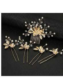 5pcs/Set Gold Leaf Handmade Pearl Hair Comb Hair Pin Bridal Wedding Evening Party Hair Accessories Set - Gold - View 4