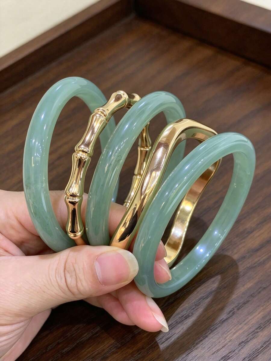 5pcs Set Fashion Vintage Bohemian Thick Multi-Layer Brown Acrylic Bracelets For Women - Multicolor - View 1