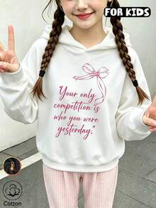 Tween Girl Bow Slogan Graphic Hoodie, Girls Positive Letter Print Hooded Pullover - White - View 3