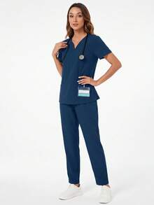 V-Neck Pocket Short Sleeve Top And Pocket Pants Pajama Set - Deep Blue - View 2