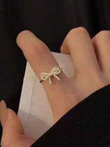 1pc Women's Exquisite Bow Open Ring, Shiny Cubic Zirconia Inlaid Bow Ring, Adjustable Stackable Daily Party Jewelry Styling Ring - Bow Ring - View 5