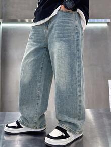 Tween Boy Loose Minimalist Versatile New Denim Long Pants - Light Wash - View 5