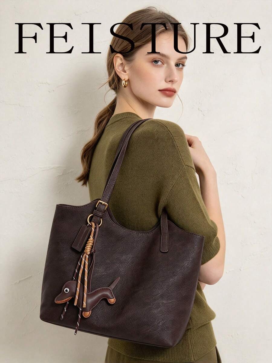 Large Capacity Daily Commute Shoulder Bag, Fashionable Tote Bag, Zipper Closure, With Pendant, Suitable For Daily Outing, Dating, Commuting