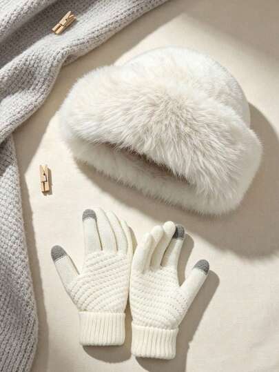 2pcs Hat & Touchscreen Gloves Set, Foggy Pink Faux Fur & Knit Fabric, Fluffy Brim Bucket Hat, Textured Knit Gloves, Casual Elegant, Suitable For Autumn/Winter Outdoor, One Size