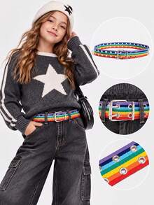 1pc Girls Rainbow Canvas Woven Belt, Cute Western Boho Punk Street Style Double-Row Eyelet Hollow Rainbow Belt, Y2K Belt For Girl, Matches Jeans And Dresses, Suitable For Parties, Music Festivals, School And Commuting - Multicolor - View 2