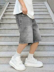 Teen Boy's Casual Vintage Loose Washed Denim Shorts, Summer, Streetwear - Light Grey - View 3