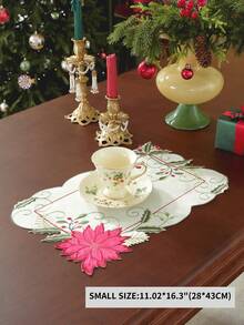 1PC 100% Polyester Christmas Embroidered Poinsettia Table Runner, Scalloped Edge Holly Berry Table Runner, Xmas Holiday Dining Table Decor For Home Party - Multicolor - View 12