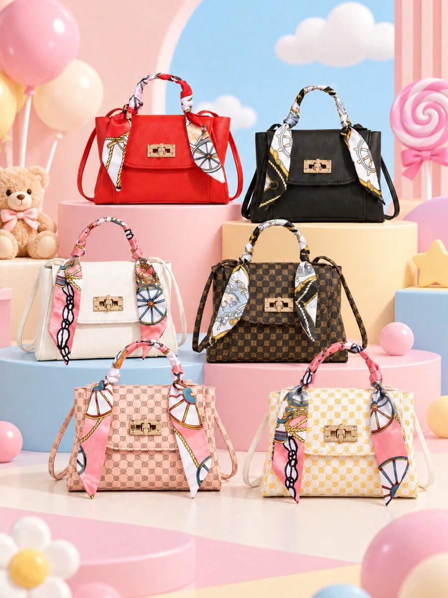 1pc Girls Luxury Silk Scarf Wrapped Handbag, Classic Monogram & Solid Color 2 Styles Available, Metal Lock Commuter Crossbody Small Bag - Multicolor - View 1