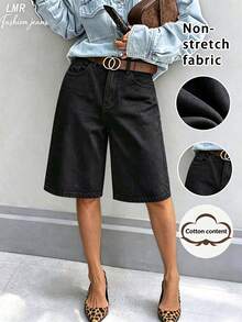 Quần short Bermuda denim màu trơn nữ, phong cách thường ngày, màu đen, mùa hè - màu đen - Xem 2