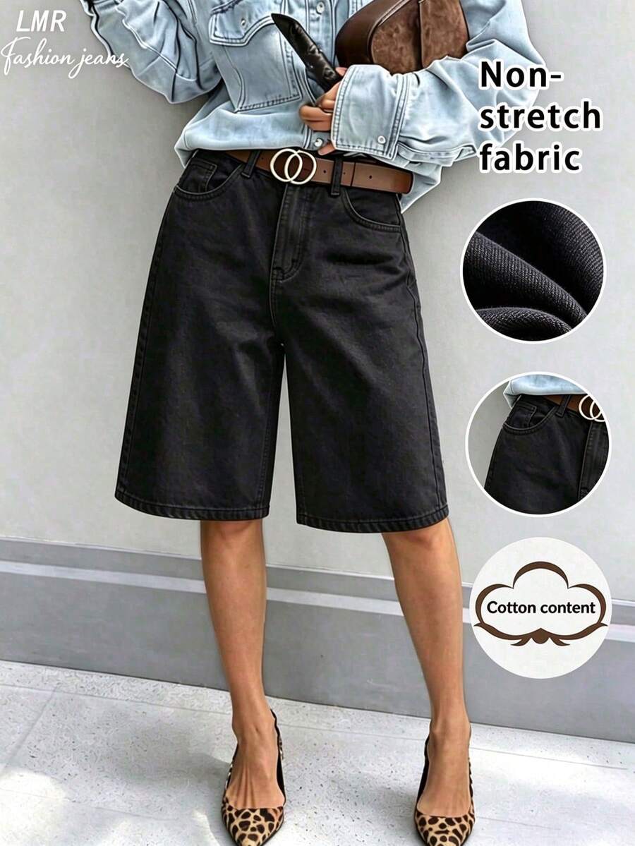 Quần short Bermuda denim màu trơn nữ, phong cách thường ngày, màu đen, mùa hè