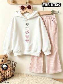 Girls Vertical Mixed Hearts Print Hoodie, Casual Long Sleeve Hooded Sweatshirt - White - View 1