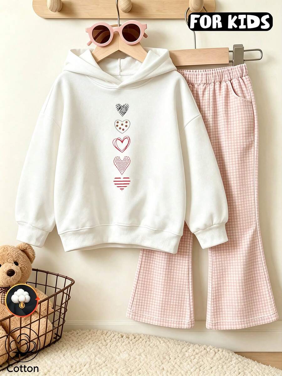 Girls Vertical Mixed Hearts Print Hoodie, Casual Long Sleeve Hooded Sweatshirt - White - View 1