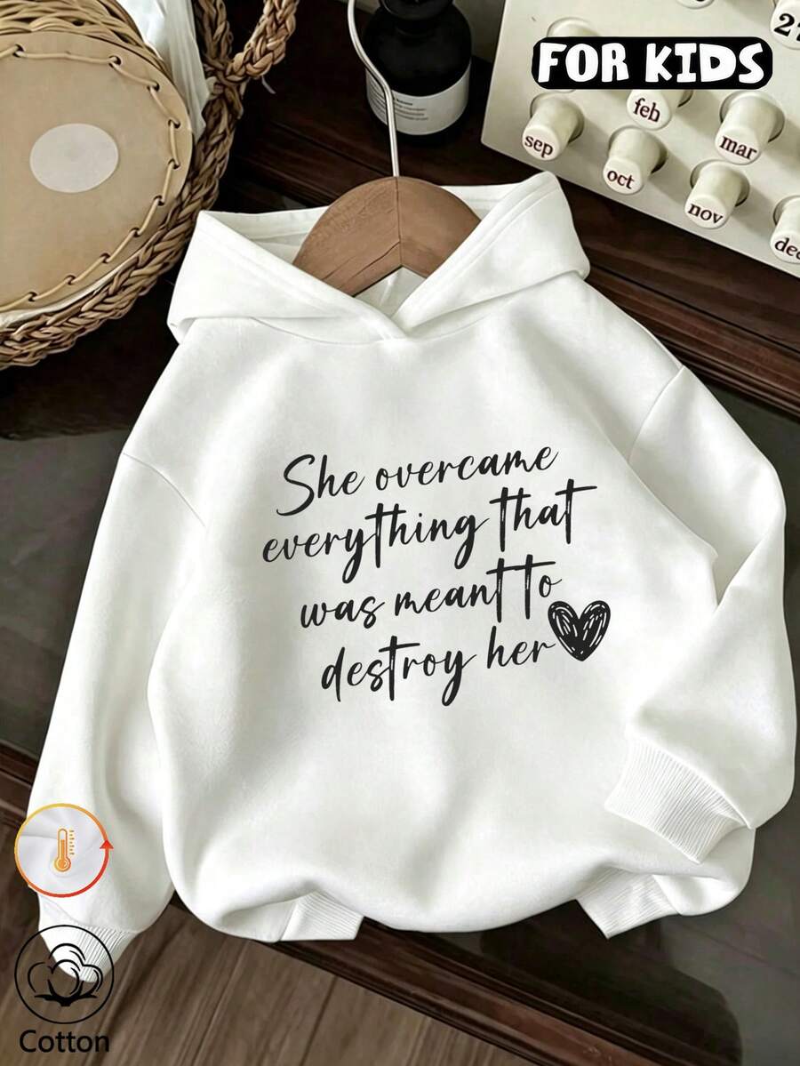 Tween Girl Retro Quote Heart Graphic Hoodie, Girls Positive Slogan Hooded Pullover - White - View 1