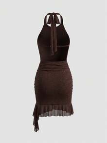 AELITH Women's Glitter Halter Neckline Ruched Chiffon Ruffle Hem Mini Dress, Brown Party Dress, Date Night Dress, Hoco2026 - Brown - View 7