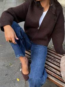 GLAMSKIN Women Ribbed Knit Zip Up Cardigan Stand Collar Sweater ,Long Sleeve Cropped Sweater Jacket Casual Fall Winter Outerwear - Brown - View 1