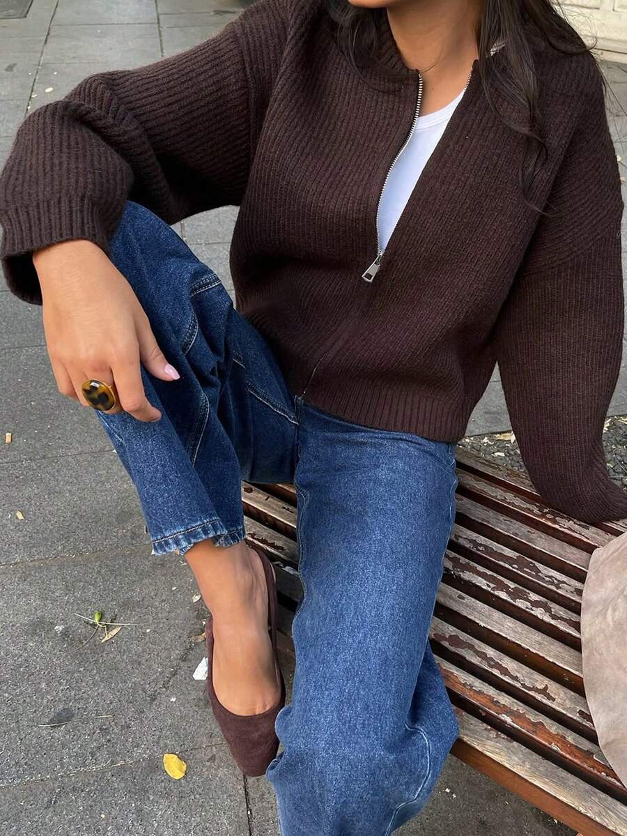GLAMSKIN Women Ribbed Knit Zip Up Cardigan Stand Collar Sweater ,Long Sleeve Cropped Sweater Jacket Casual Fall Winter Outerwear - Brown - View 1
