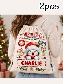 Custom Snowman Christmas Drawstring Backpack,Personalized Name Canvas Gift Bag,North Pole Holiday Storage Sack,Customized Christmas Decor,Customizable - Style D - View 7
