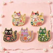 Floral Cat Enamel Pins Set, Colorful Folk Art Cat Lapel Brooches, Cute Animal Badges For Backpack Jacket Hat, Aesthetic Jewelry Gift For Cat Lovers - Multicolor - View 5