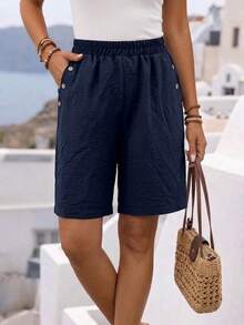 Pantalones cortos casuales de talla grande para mujer con botones decorativos de unicolor - Azul Marino - Ver 2