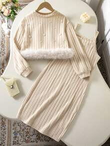 2pcs/Set Girls Autumn/Winter Fashion Elegant Knit Ribbed Patchwork Ribbed Pearl Decor Inner Layer Knee-Length Spaghetti Strap Dress - Apricot - View 1