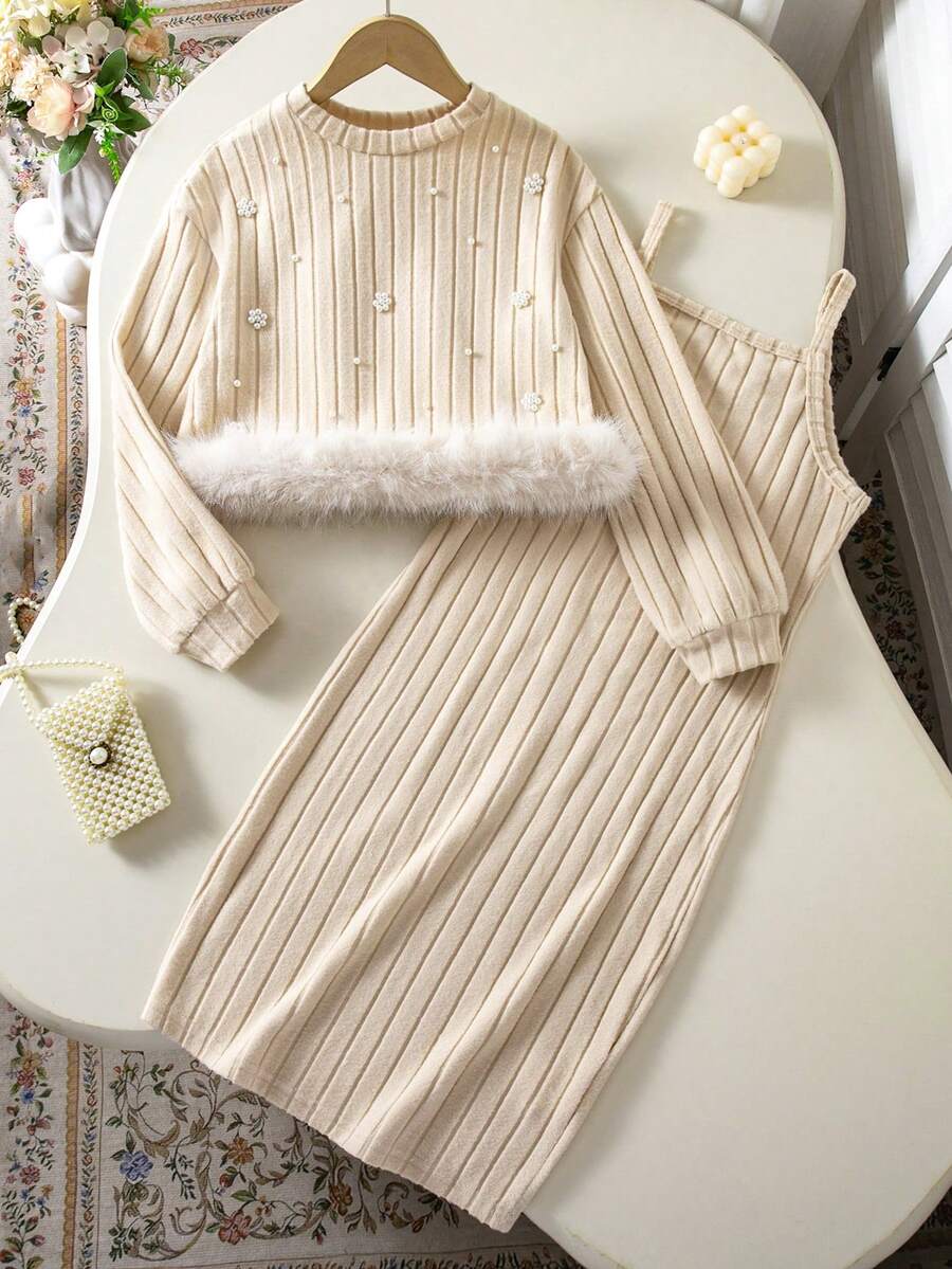 2pcs/Set Girls Autumn/Winter Fashion Elegant Knit Ribbed Patchwork Ribbed Pearl Decor Inner Layer Knee-Length Spaghetti Strap Dress - Apricot - View 1