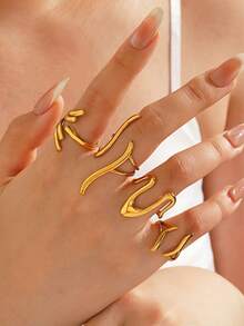4pcs/Set Stainless Steel 18K Gold Plated Personalized Hip-Hop Line Open Rings, Suitable For Women's Daily And Party Wear - Multicolor - View 1