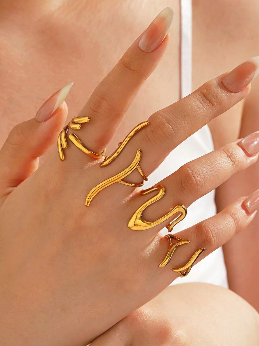 4pcs/Set Stainless Steel 18K Gold Plated Personalized Hip-Hop Line Open Rings, Suitable For Women's Daily And Party Wear - Multicolor - View 1