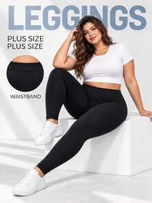 Plus Size Mid Waisted Black Leggings | Stretchy Tummy Control Butt Lifting Slimming Pants For Curvy Women | Fall Daily Wear & Going Out Outfits - Multicolor - View 6