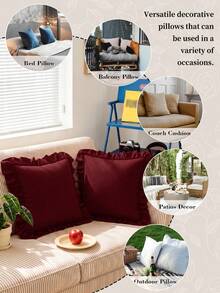 HONEYMOON 1pc Cute Ruffle Edge Pillow Case - Polyester Fabric, Romantic French Style, Ruffle Edge Cushion Cover (Pillow Insert Not Included), Envelope Closure, Wrinkle-Resistant, Machine Washable, Burgundy, Autumn Home Decor - Burgundy - View 5