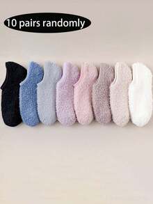1/5/10 Pairs Random Women's Short Socks, Coral Fleece Plush Floor Socks, Autumn/Winter Indoor Home Non-Slip Short Tube Sleep Socks, Suitable For Multiple Occasions - Multicolor - View 12
