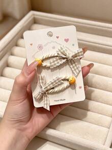 2pcs Women's Plaid Bow Fruit Decor Hair Clips, Handmade Sweet Style Side Bangs Hair Clips, Set Of 2, Suitable For Changing Hairstyles - Multicolor - View 5