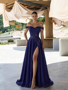 ADYCE Elegant Luxury Waisted Backless Bodycon TieBack Sequin Beaded High-Slit Fishbone Train Gown Prom Gown Homecoming Wedding Guest Formal Dinner Christmas - Navy Blue - View 7