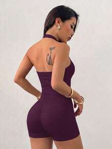 Women 2pcs Solid Color Ruched Halter Neck Cropped Tank Top + High Waist Butt Lifting Shorts Fitness Yoga Set - Purple - View 8